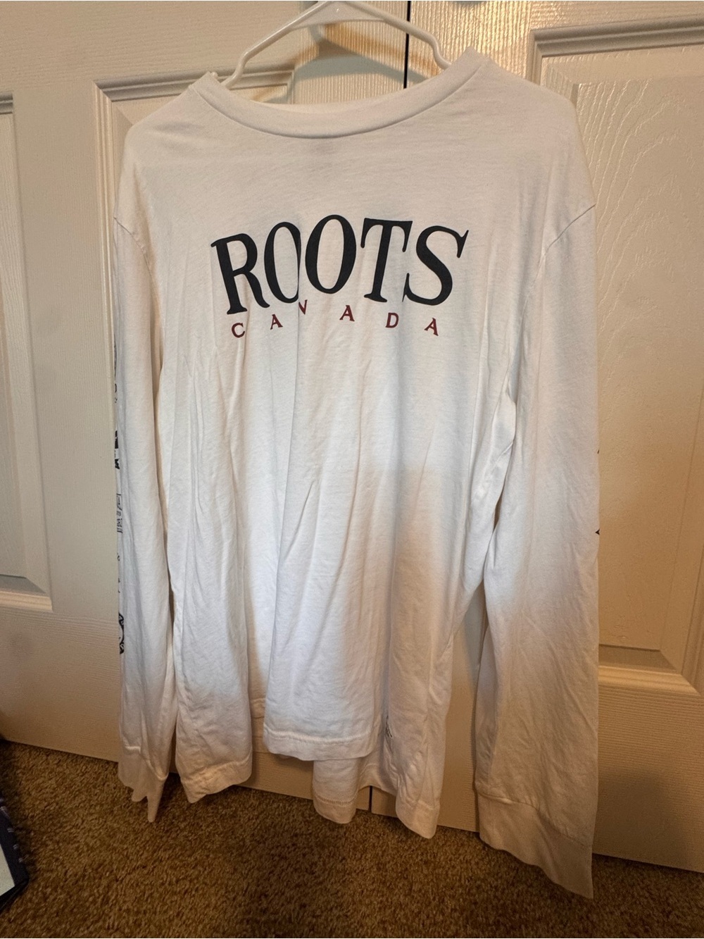Roots White Long Sleeve Tee with Black Logo and Red Text